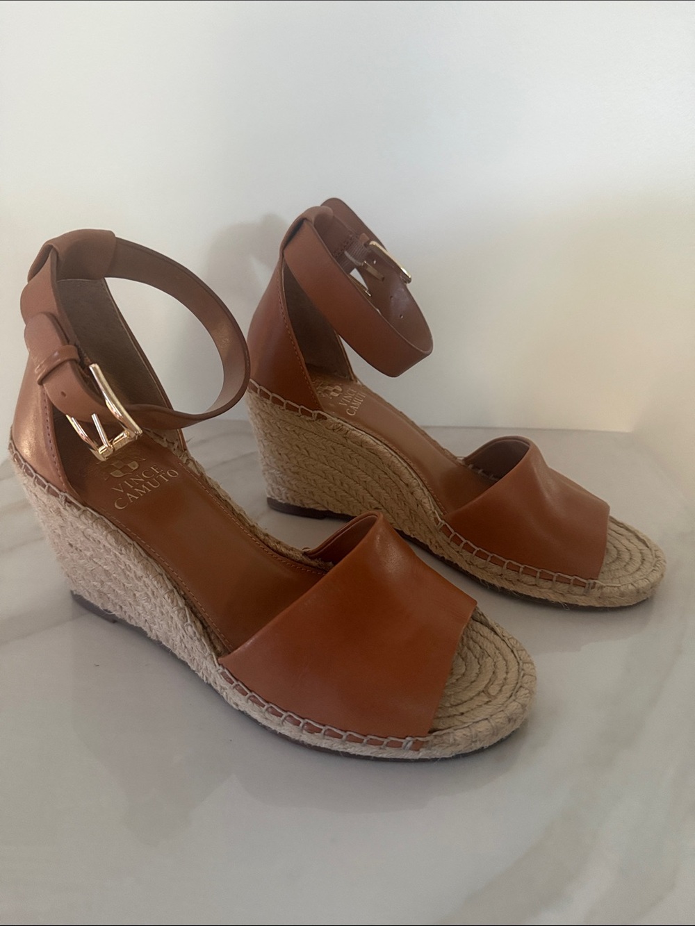 Vince Camuto Brown Leather Espadrille Wedge Sandals
